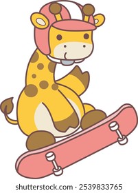 Cute giraffe animals with various activities. A giraffe playing a skateboard. 
Funny sticker of Giraffe animal kids.
