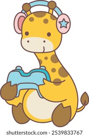 Cute giraffe animals with various activities. A giraffe playing a joystick. 
Funny sticker of Giraffe animal kids.
