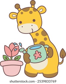 Cute giraffe animals with various activities. A giraffe watering a flower. 
Funny sticker of Giraffe animal kids.
