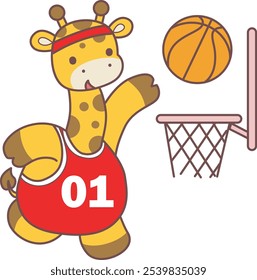 Cute giraffe animals with various activities. A baby giraffe playing a basket ball. 
Funny sticker of Giraffe animal kids.
