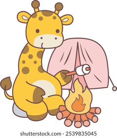 Cute giraffe animals with various activities. A giraffe roasting a marshmallow. 
Funny sticker of Giraffe animal kids.
