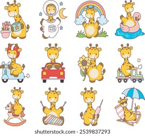 Cute giraffe animals with various activities. Variation of transportation and activities of funny giraffe. 
Funny sticker of Giraffe animal kids.
