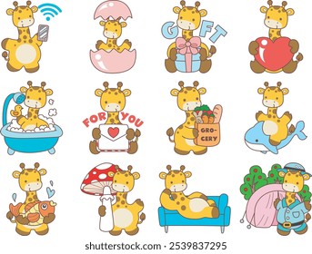 Cute giraffe animals with various activities. Variation of random activities of baby giraffe. 
Funny sticker of Giraffe animal kids.
