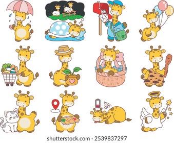 Cute giraffe animals with various activities. A baby giraffe with variation of daily life. 
Funny sticker of Giraffe animal kids.
