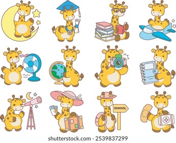 Cute giraffe animals with various activities. A smart giraffe with education and learning elements. 
Funny sticker of Giraffe animal kids.