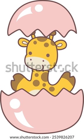 Cute giraffe animals with various activities. A baby giraffe in the crack of eggs. 
Funny sticker of Giraffe animal kids.