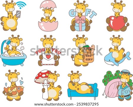 Cute giraffe animals with various activities. Variation of random activities of baby giraffe. 
Funny sticker of Giraffe animal kids.
