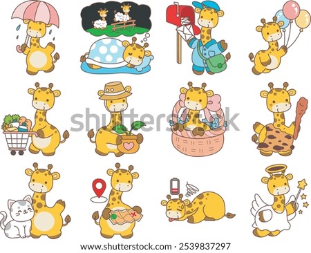 Cute giraffe animals with various activities. A baby giraffe with variation of daily life. 
Funny sticker of Giraffe animal kids.
