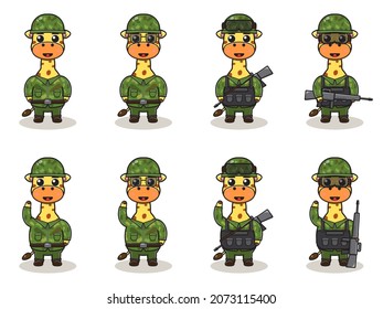 Cute Giraffe Army cartoon. Set of Animal soldiers. flat animal cartoon character design. Soldiers Isolated vector illustration.