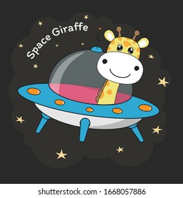 Cute giraffe astronaut in a mysterious object ufo in the sky night. Animal travels space. Concept for children print. Sweet kids graphics for t-shirts. Greeting card.