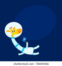 Cute giraffe astronaut, spaceman character wearing space suit, holding a flag, cartoon vector illustration with space for text. Funny giraffe astronaut, spaceman floating in open space