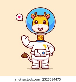 Cute Giraffe Astronaut Waving Hand Cartoon Vector Icon Illustration. Animal Science Icon Concept Isolated Premium Vector. Flat Cartoon Style