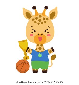 Cute giraffe athlete holding award sport cup. Cartoon giraffe basketball player school child. Animal kawaii giraffe elementary student. PE school subject. Little champion sport trophy winner.