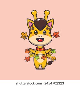 Cute giraffe with autumn leaf decoration. Mascot cartoon vector illustration suitable for poster, brochure, web, mascot, sticker, logo and icon.