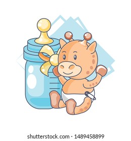cute giraffe baby animal and bottle milk