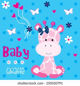 Cute Giraffe Baby With Butterfly Vector Illustration