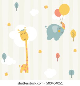 Cute Giraffe And Baby Elephant Seamless Pattern