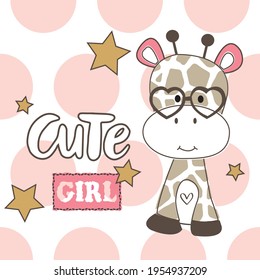 Cute giraffe baby girl vector illustration. T-shirt graphics design for girls. 