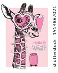 Cute giraffe baby head drawn by hand with tin can with drink. Vector illustration print for t shirt.