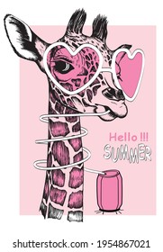 Cute giraffe baby head drawn by hand with tin can with drink. Vector illustration print for t shirt.