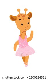 Cute giraffe in ballerina dress. Vector print for children room, fabric, paper, greeting card, postcard, card, t shirt, poster, textile. Vector illustration