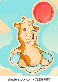 Cute giraffe with balloon. Cartoon hand drawn printable vector illustration. Can be used for web, baby t-shirt , fashion print design, kids wear, baby shower, celebration greeting and invitation card.