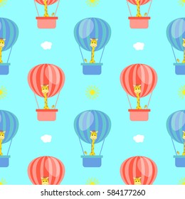 cute giraffe in a balloon cartoon seamless pattern vector illustration
