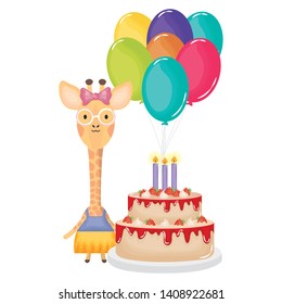 cute giraffe with balloon helium and cake in birthday party