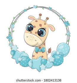 Cute giraffe with balloon and wreath. Vector illustration for baby shower, greeting card, party invitation, fashion clothes t-shirt print.