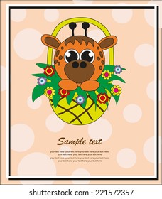 Cute giraffe in a basket with flowers. Vector.