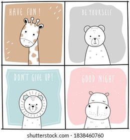 Cute giraffe bear lion hippo cartoon doodle greeting card set