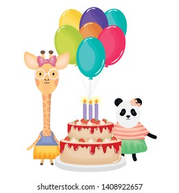 cute giraffe and bear panda in birthday party