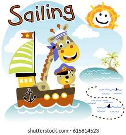 Cute giraffe and bear in sailor cap on sailboat, sailing elements, vector cartoon illustration