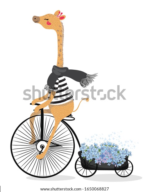 かわいいキリンと自転車 サーカスのイラスト Tシャツのグラフィック ビンテージバイクに乗った動物 子ども用の漫画のキャラクター プリント グリーティングカード 繊維工芸 のベクター画像素材 ロイヤリティフリー