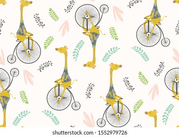 Cute giraffe with bicycle pattern. Circus show illustration. T-shirt graphics. 
 Animals on vintage bikes. Cartoon character for children. Prints, greeting cards, textile artworks.

