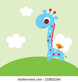 cute giraffe and bird illustration