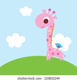 cute giraffe and bird illustration