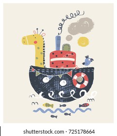 Cute giraffe and bird on the ship cartoon hand drawn vector illustration. Can be used for baby t-shirt print, fashion print design, kids wear, baby shower celebration greeting and invitation card.