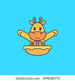 Cute giraffe with birthday cake. Animal cartoon concept isolated. Can used for t-shirt, greeting card, invitation card or mascot.