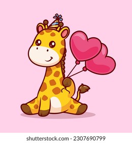 Cute Giraffe Birthday Party Holding Heart Balloon Cartoon Vector Icon Illustration. Animal Holiday Icon Concept Isolated Premium Vector. Flat Cartoon Style