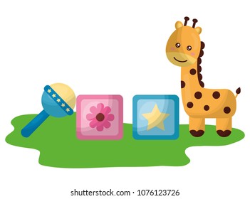 cute giraffe with blocks and bell character icon