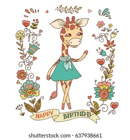 Cute giraffe in blue dress with vintage frame of flowers. The phrase on a ribbon: Happy birthday. Cartoon illustration for wedding invitations and romantic cards, birthday and other holiday.