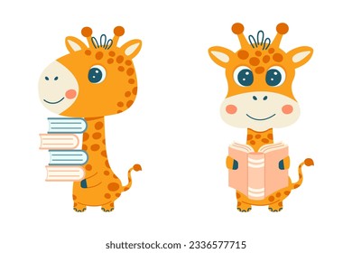 Cute giraffe with books. Cartoon animal is reading. Vector children's illustration symbolizes learning