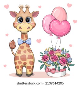 Cute giraffe with a bouquet of flowers and balloons. Cartoon vector illustration of animals on a white background with hearts.