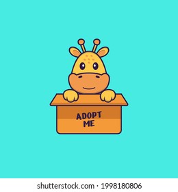 Cute giraffe in box with a poster Adopt me. Animal cartoon concept isolated. Can used for t-shirt, greeting card, invitation card or mascot.