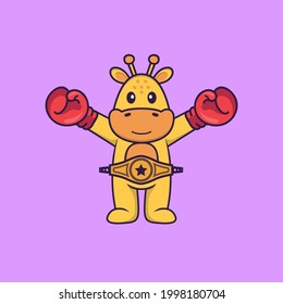 Cute giraffe in boxer costume with champion belt. Animal cartoon concept isolated. Can used for t-shirt, greeting card, invitation card or mascot.