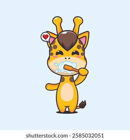 Cute giraffe brushing teeth cartoon vector illustration. vector cartoon illustration suitable for poster, brochure, web, mascot, sticker, logo and icon.