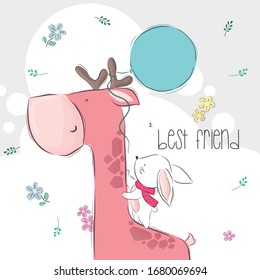 Cute giraffe with bunny cartoon animal