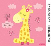 cute giraffe with butterflies and clouds vector illustration