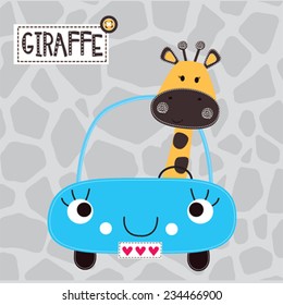 cute giraffe by car vector illustration